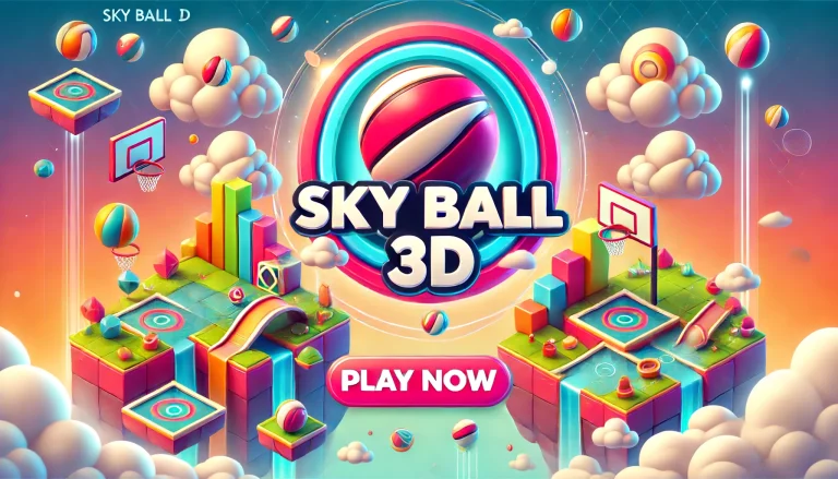 DALL·E 2024-06-13 15.41.04 - Design a 16x9 image for the game 'Sky Ball 3D'. The background should feature a vibrant sky with clouds, colorful platforms, and a 3D ball. Include el